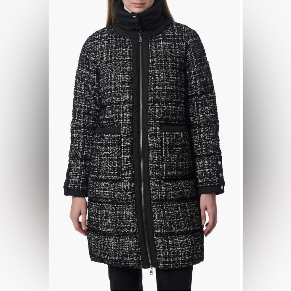 New Bernardo Black And White Puffer Coat With Removable Funnel Collar